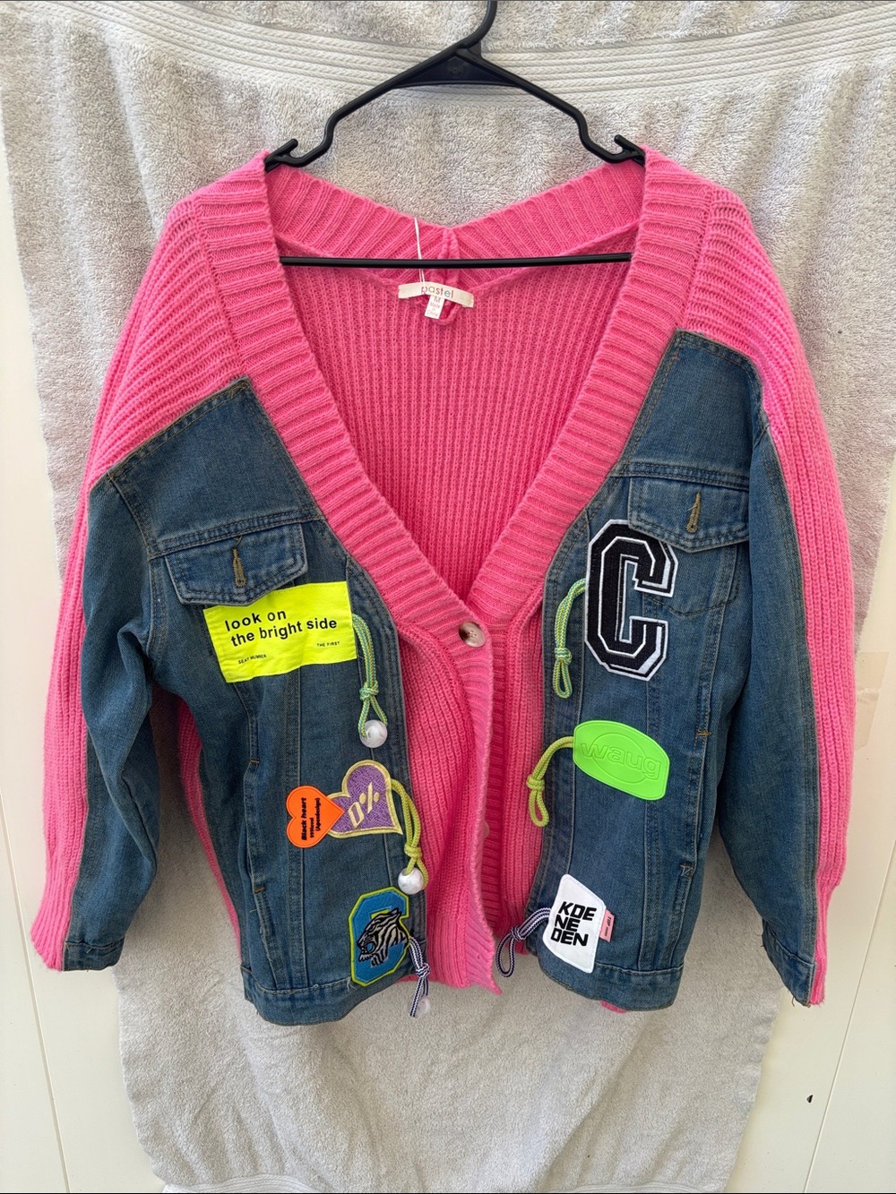Pink and Blue Denim and cable knit sweater/jacket